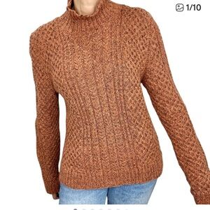 Aran chunky knit terracotta orange black mock neck fisherman pullover sweater